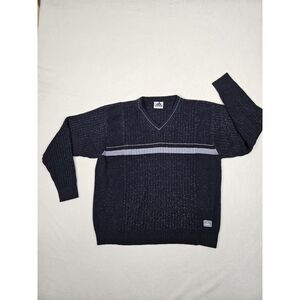 ADIDAS Blue V Neck Crewneck Men's Large Knit Wool Acrylic Blend Sweater Striped‎